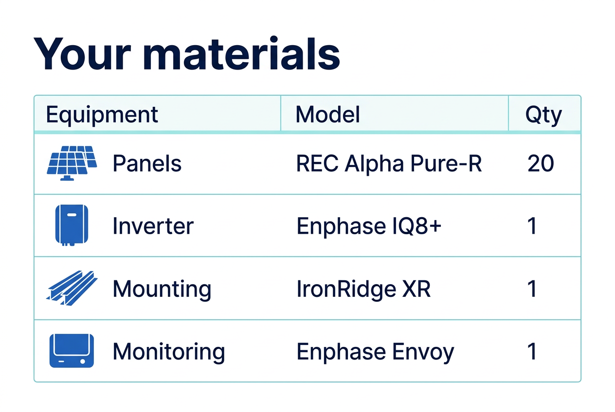 Illustrative equipment list with example brands, models and quantities; not a verified equipment combination